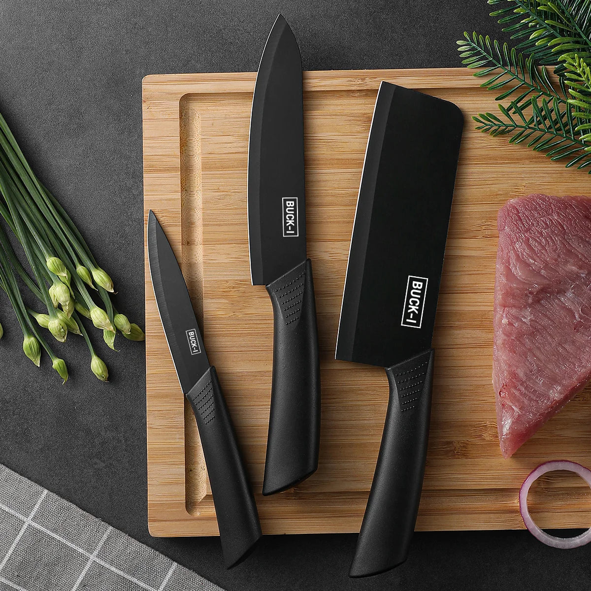 Set di coltelli da cucina, compresi mannaia, coltello da chef e coltello da frutta, con ceppo portacoltelli, adatto per sbucciare carne e verdure