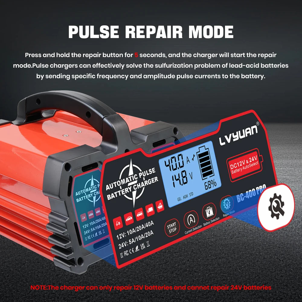 Caricabatterie LVYUAN 20A/25A/30A/40A per Batterie al Piombo-Acido 12V/24V/LiFePO4/AGM/STD/Gel/EFB con Funzione di Riparazione a Impulsi
