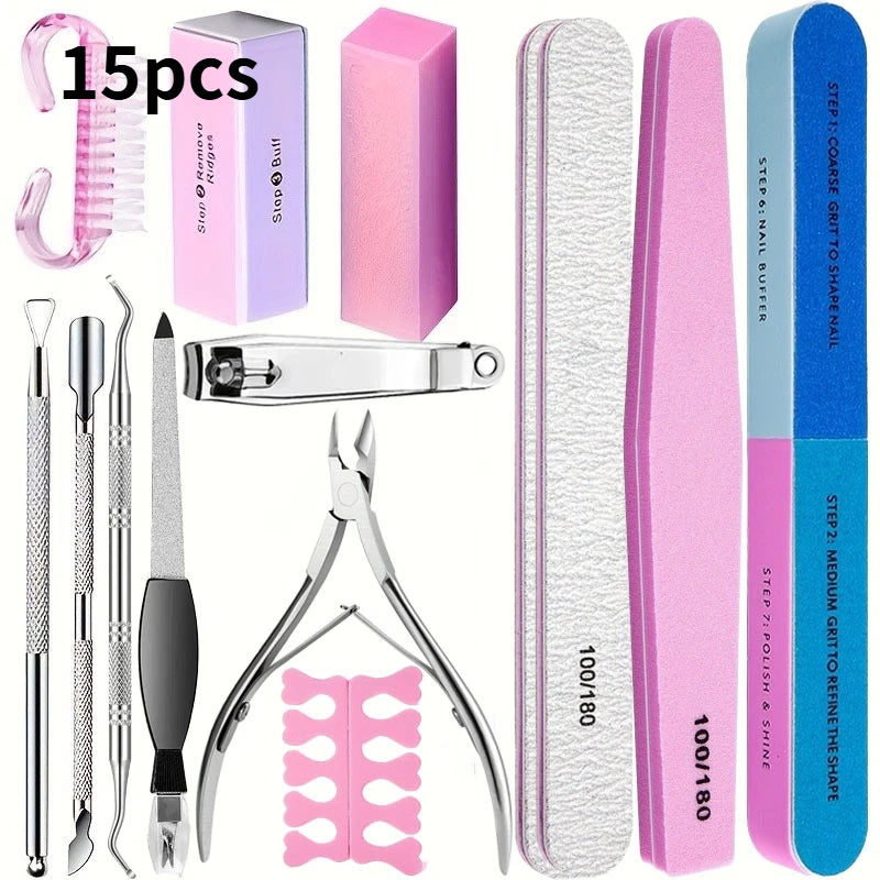 Kit Professionale per Nail Art da 10/15 Pezzi con Lime Grana 100/180, Spugna Buffer, Pennello, Forbici, Tronchesine per Cuticole, Spingicuticole, Strumenti per Gel Polish