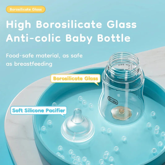 Biberon in Vetro per Neonati 80/160/240ml, Vetro Borosilicato ad Alta Resistenza, Biberon Anti-Colica a Bocca Larga con Scala Graduata, Senza BPA
