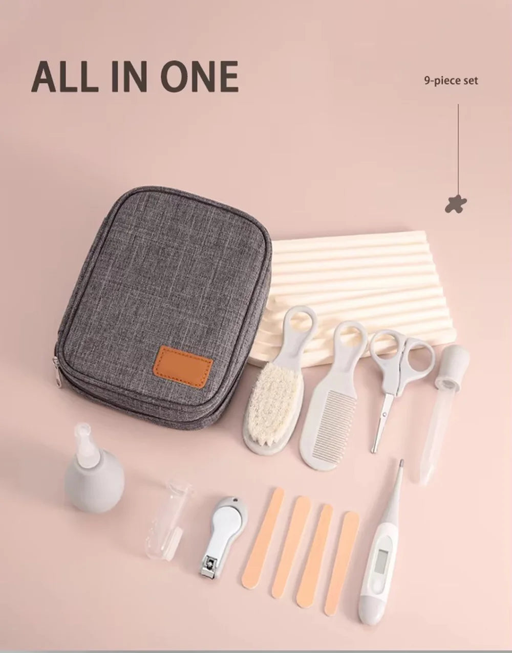 Kit per la Cura del Neonato 9 Pezzi con Tagliaunghie, Spazzola per Capelli, Pettine, Termometro, Set Essenziale per l'Igiene del Bambino, Kit da Viaggio