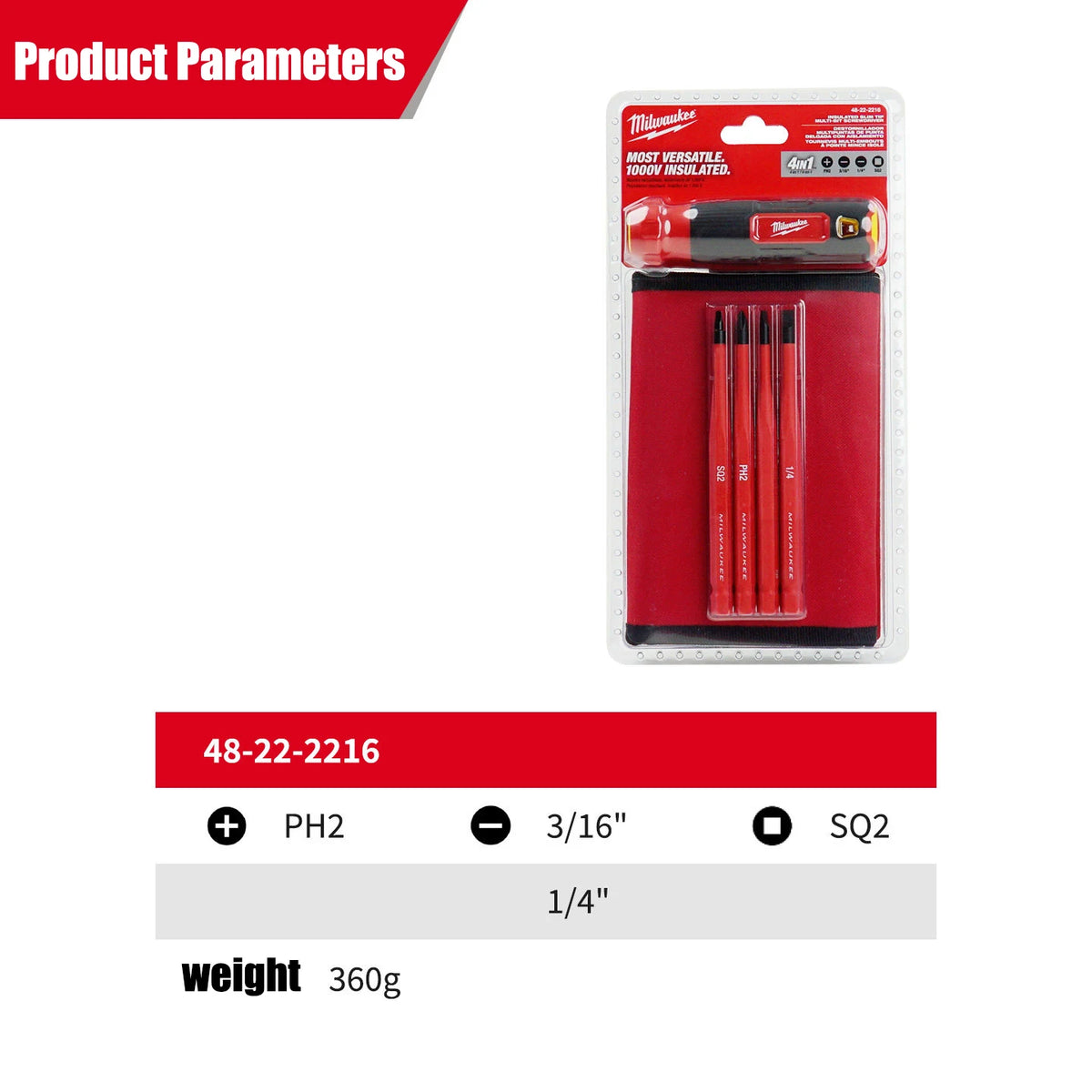 Milwaukee Set Cacciaviti Isolati 4-in-1 1000V con Punte Sottili Intercambiabili, Set Cacciaviti Multiuso, Utensile Manuale 48-22-2216