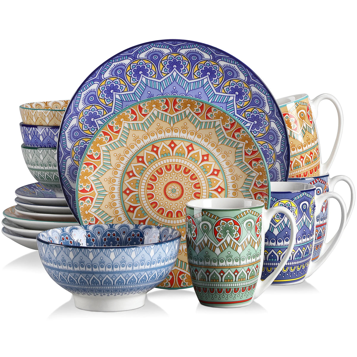 Vancasso 16/32 pezzi piatto ceramico set di stoviglie in porcellana con motivo mandala bohémien con piatto piano, piatto da dessert, ciotola, tazza