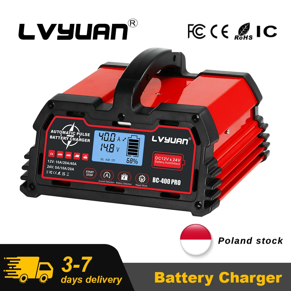 Caricabatterie LVYUAN 20A/25A/30A/40A per Batterie al Piombo-Acido 12V/24V/LiFePO4/AGM/STD/Gel/EFB con Funzione di Riparazione a Impulsi