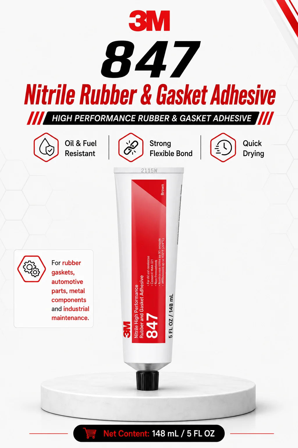 Adesivo Professionale 3M 847 per Gomma Nitrilica e Guarnizioni, Resistente a Olio e Carburante, Colla Flessibile per Riparazioni Automobilistiche