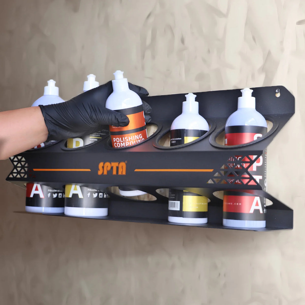 SPTA 1Pc Supporto per flacone spray di composto lucidante per detailing, organizer in metallo da parete, facile da usare, per 5 spruzzatori (16oz)