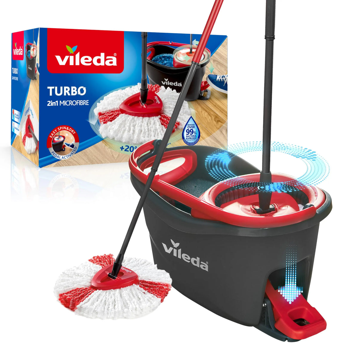 Sistema di Pulizia Pavimenti Vileda Turbo con Secchio e Pedale, Mop in Microfibra 2-in-1, Piastra Triangolare a 360° ° Manico Telescopico