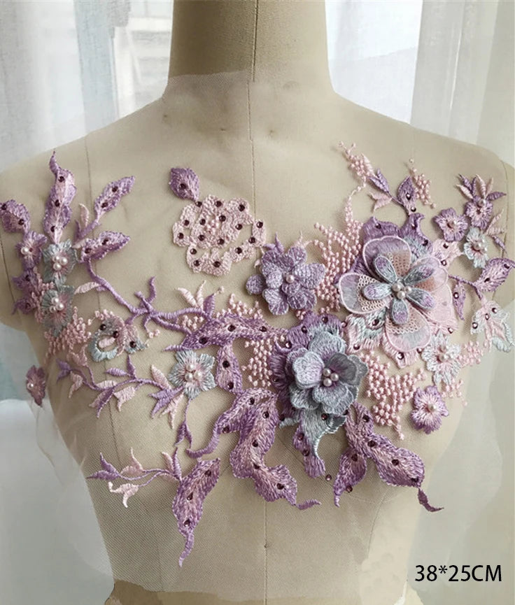 Tessuto per toppe ricamate con fiori eleganti viola per abiti, tende per la casa, accessori per abbigliamento da festa, riparazioni di applique per cucire