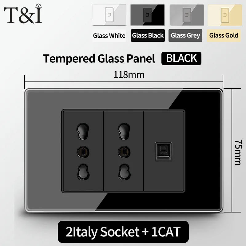 Prese per interruttori a muro T&I con tipo USB-C ricarica rapida, presa italiana, presa Schuko cilena, pannello in vetro temperato per la casa