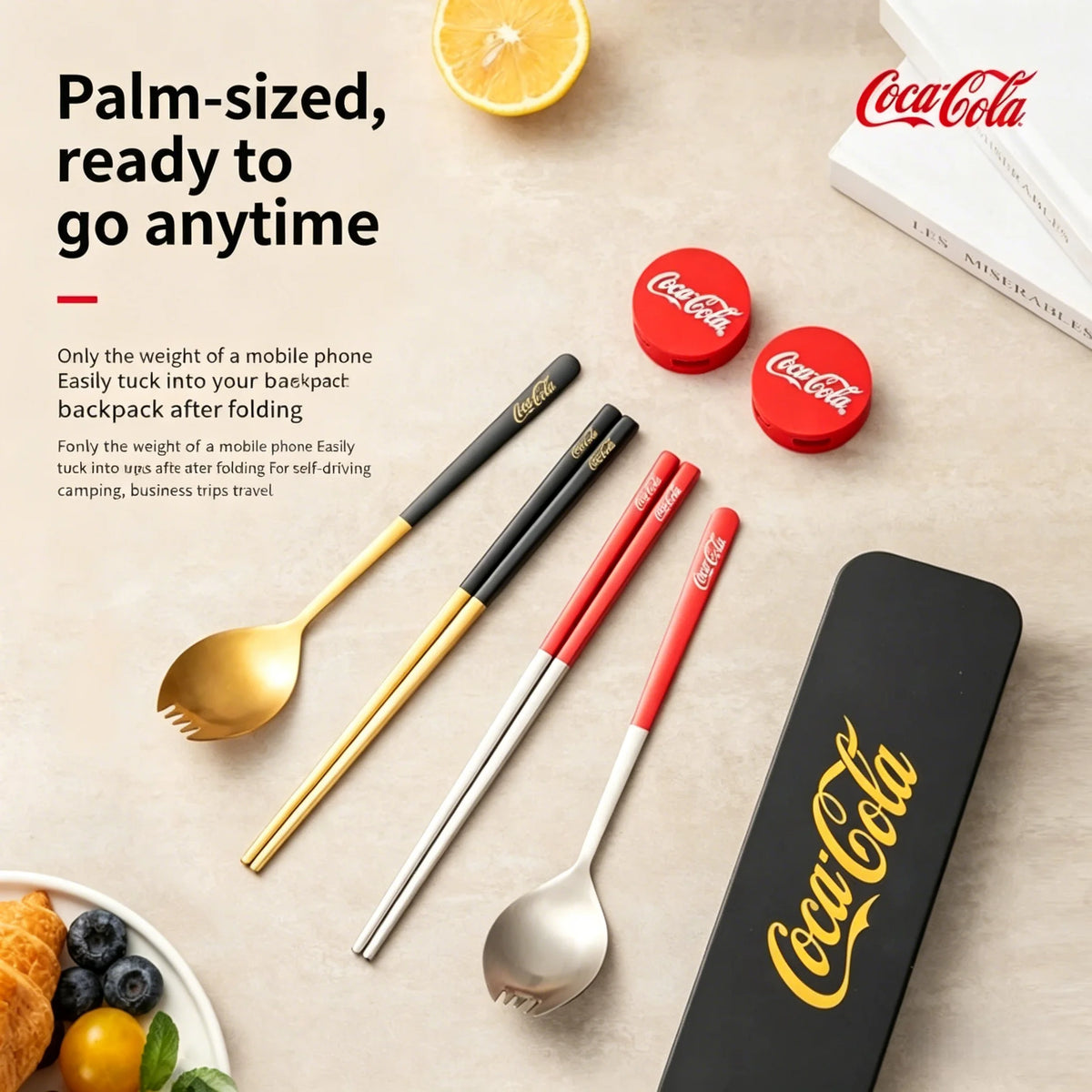 Set di posate portatili Coca Cola in acciaio inossidabile 304, forchetta e cucchiaio da viaggio con custodia per campeggio, picnic, cucina all'aperto, idea regalo
