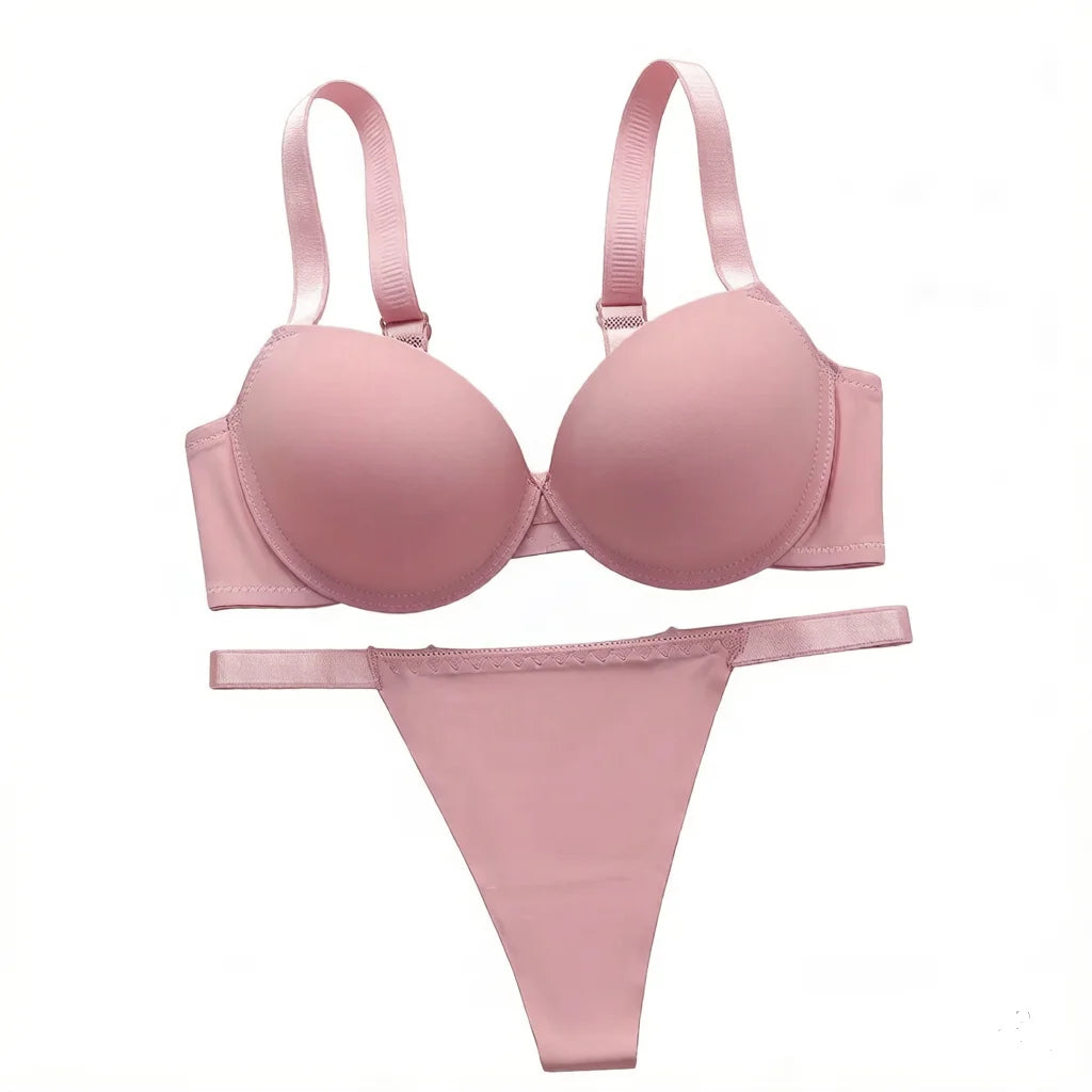 Set da donna rosa Set di lingerie quotidiana in tinta unita, reggiseno push-up, comodo set di lingerie aderente, il seno piccolo appare più grande 2051