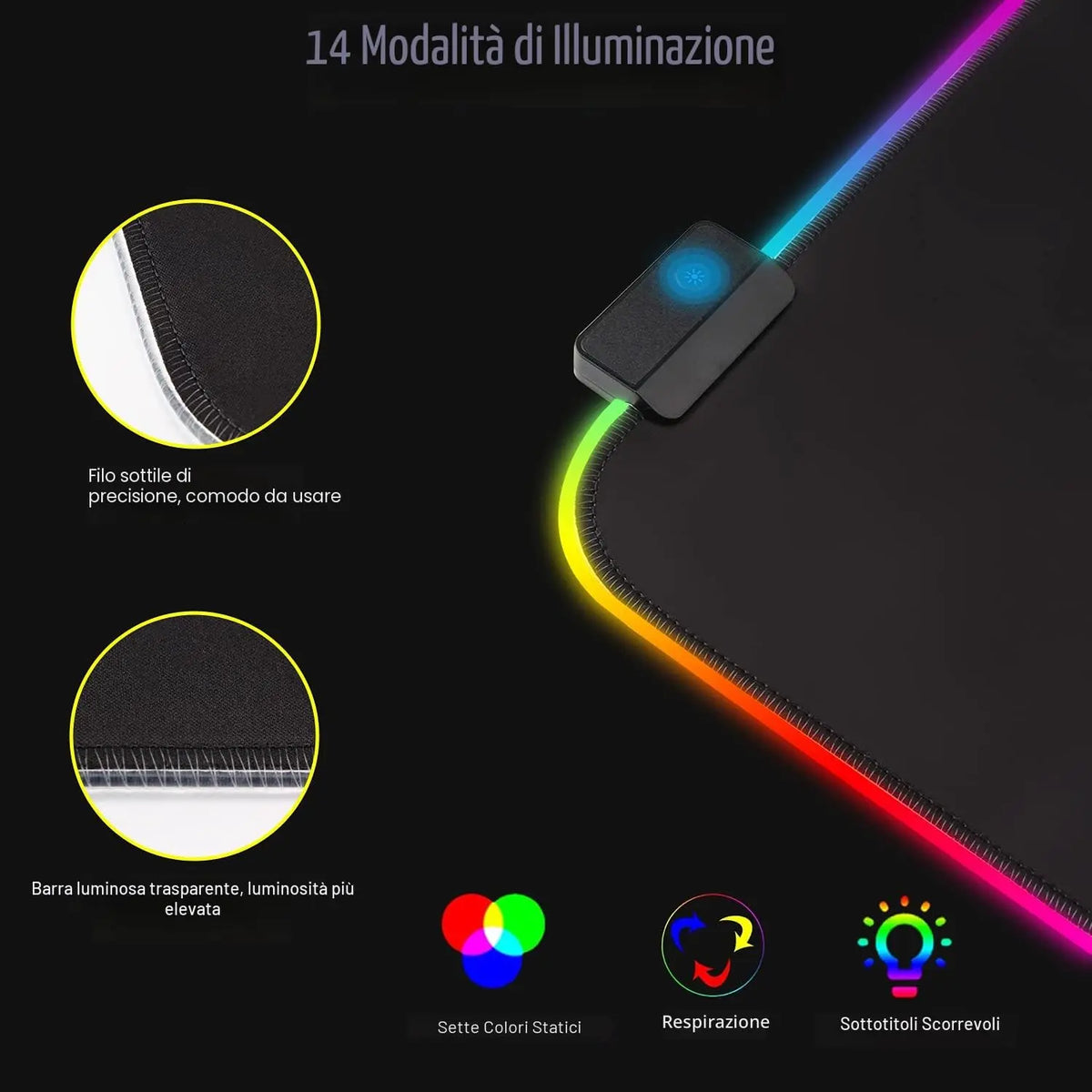 Tappetino per mouse da gaming RGB, formato XXL, extra large, 800 x 300 mm x 4 mm, ideale per giocatori di PC, antiscivolo, impermeabile, per computer e laptop - 14 modalità di illuminazione.