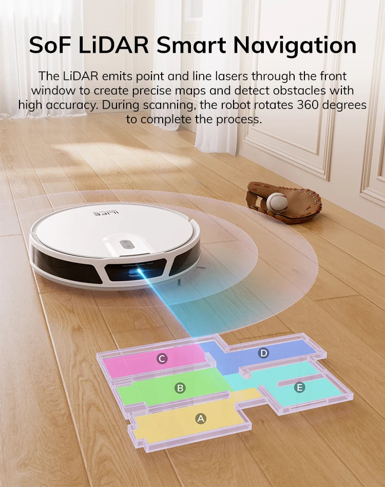 Robot Aspirapolvere ILIFE V20, Aspirazione 5000Pa, Navigazione Intelligente SOF LiDAR, Controllo APP, Pulizia Personalizzabile, Ricarica Automatica