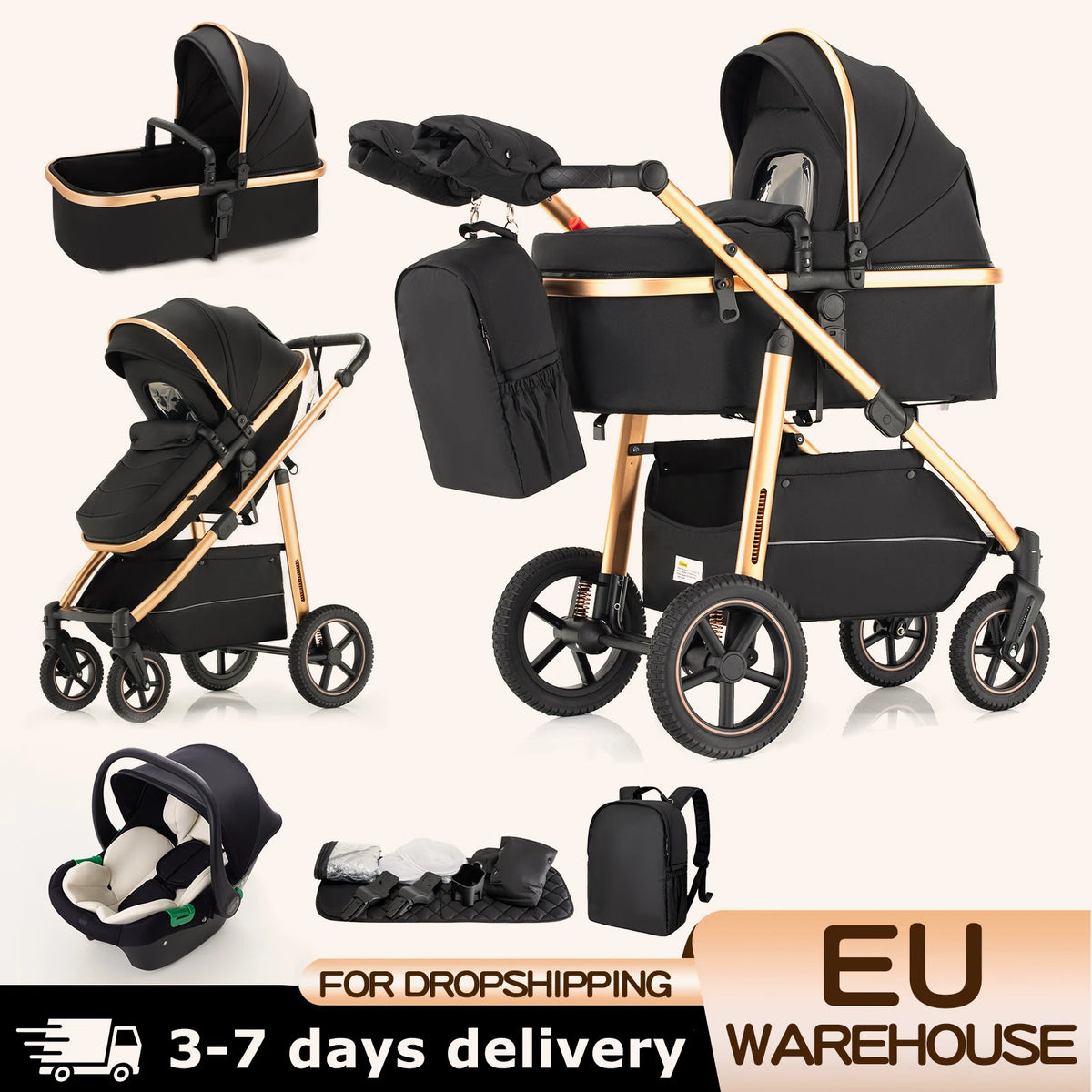 Passeggino 3 in 1 High Landscape per Neonati, Carrozzina Pieghevole Portatile di Lusso con Seggiolino Auto e Navicella da Viaggio