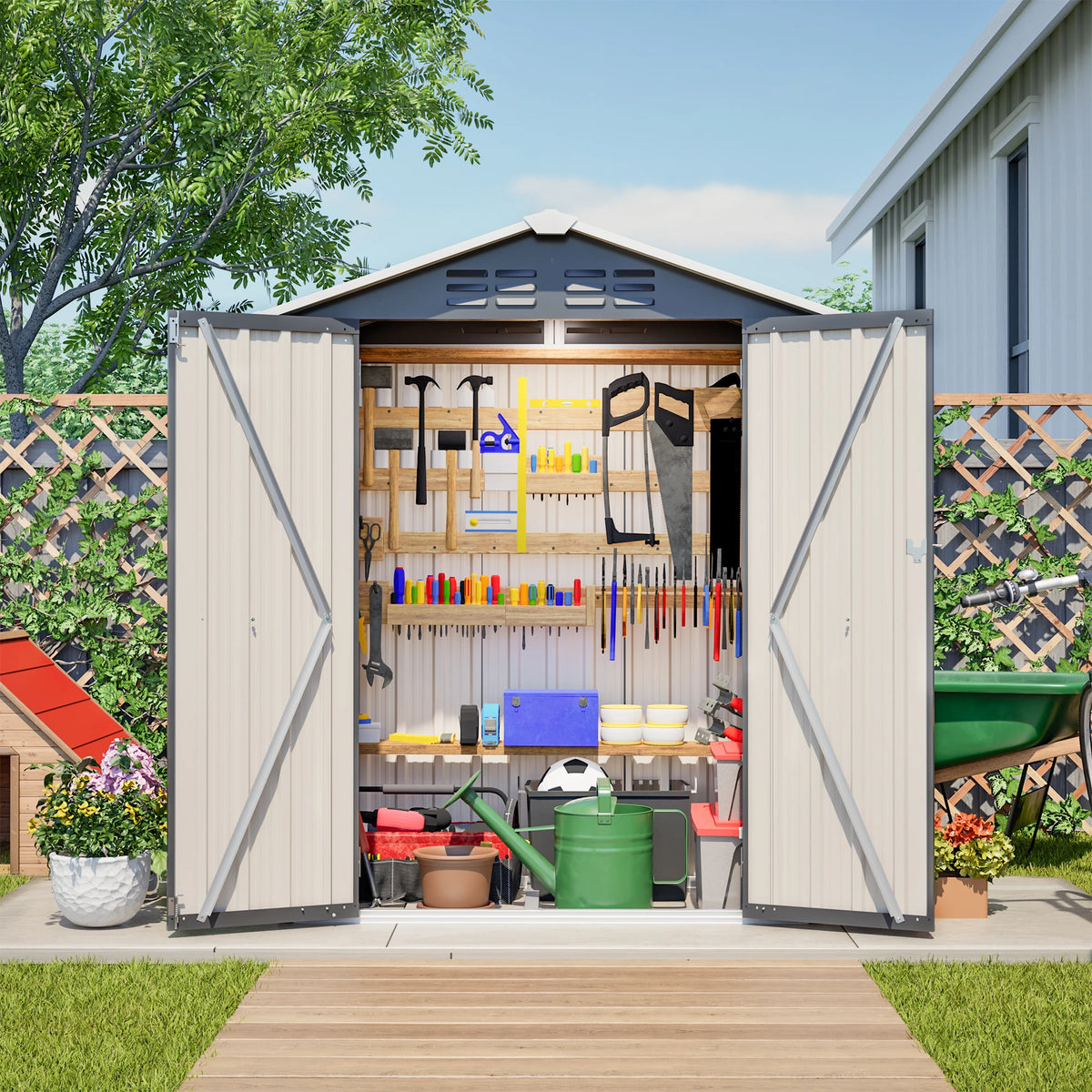 Casetta da Giardino in Metallo 5x2.6FT, Mini Capanno Multiuso per Esterni con Base e Porta Chiudibile a Chiave per Attrezzi, Cuccia per Animali, Bidone della Spazzatura, Cortile