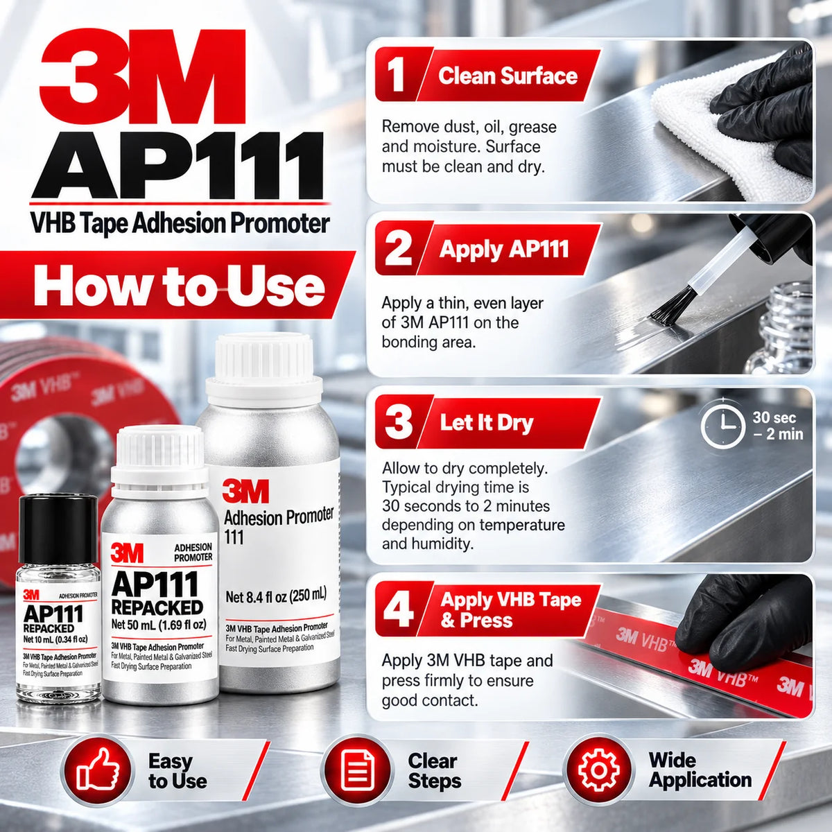 3M AP111 Promotore di Adesione, Primer per Nastro VHB ad Asciugatura Rapida, Preparazione Superficie per Metallo, Acciaio Verniciato e Zincato, Uso Automobilistico, 10ml 50ml