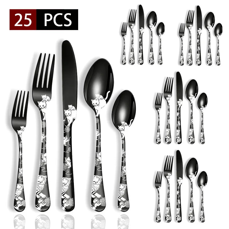 Set di posate in acciaio inossidabile con incisione laser Rose Cat, 4/15/25/40 pezzi, coltello, forchetta, cucchiaio, per coppie, stoviglie per feste