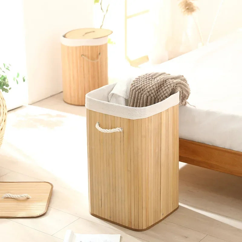 Cesto per Bucato Pieghevole di Grande Capacità, Contenitore in Bambù Rotondo per Organizzare Vestiti, Cesto Compatto per la Casa