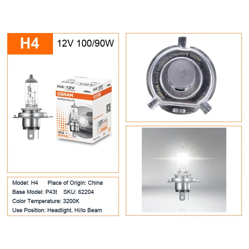 OSRAM CLASSIC H1 H4 H3 H7 Super Rally 12V 100W 80W faro alogeno per auto High Watt lampade autentiche 3200K più luminose (10 pezzi)