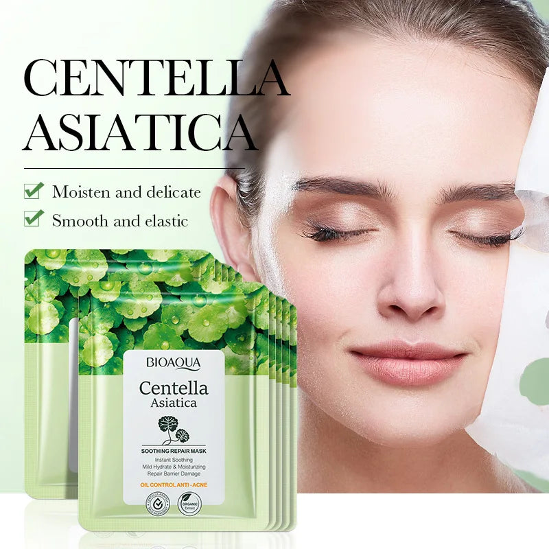 5 maschere per il viso a base di Centella Asiatica BIOAQUA, con azione lenitiva, idratante, anti-età, riparatrice, per contrastare l’acne e migliorare la salute della pelle.