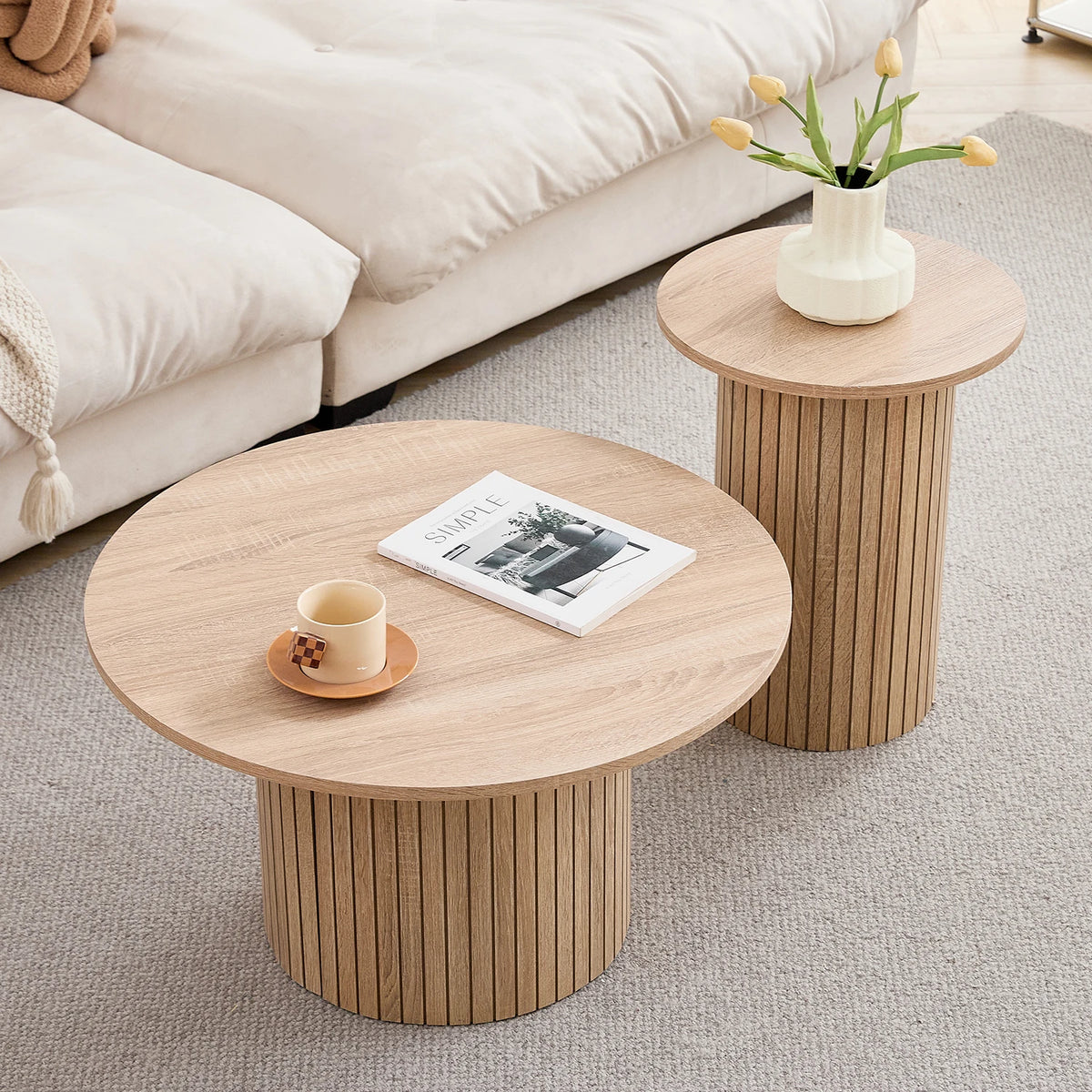 Set di 2 tavolini rotondi in legno in stile nordico, tavolino da caffè impilabile in legno, per mobili da soggiorno/camera da letto