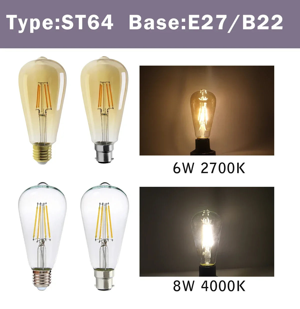 Confezione da 10 lampadine a filamento LED per E27 B22 220V 240V 4W 6W 9W Lampadine a LED bianche calde Lampada in vetro vintage