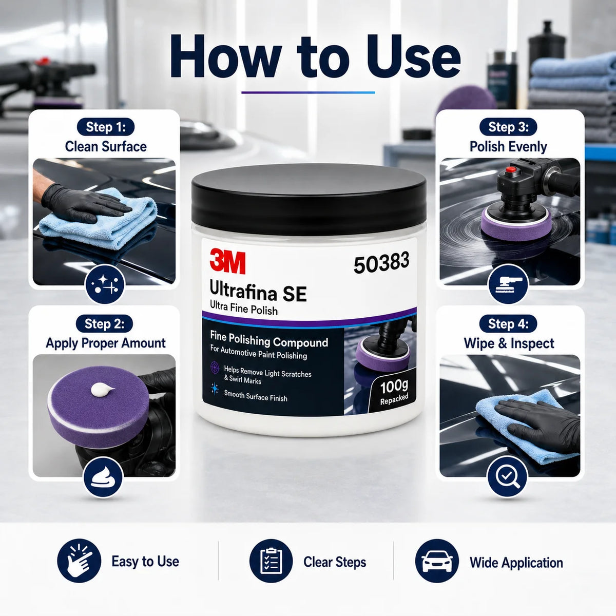 Lucidante Professionale 3M 50383 Ultrafina SE per Vernice Auto, Rimuovi Graffi e Ologrammi, Dettagliatura, Finitura Lucida, 100g Riconfezionato