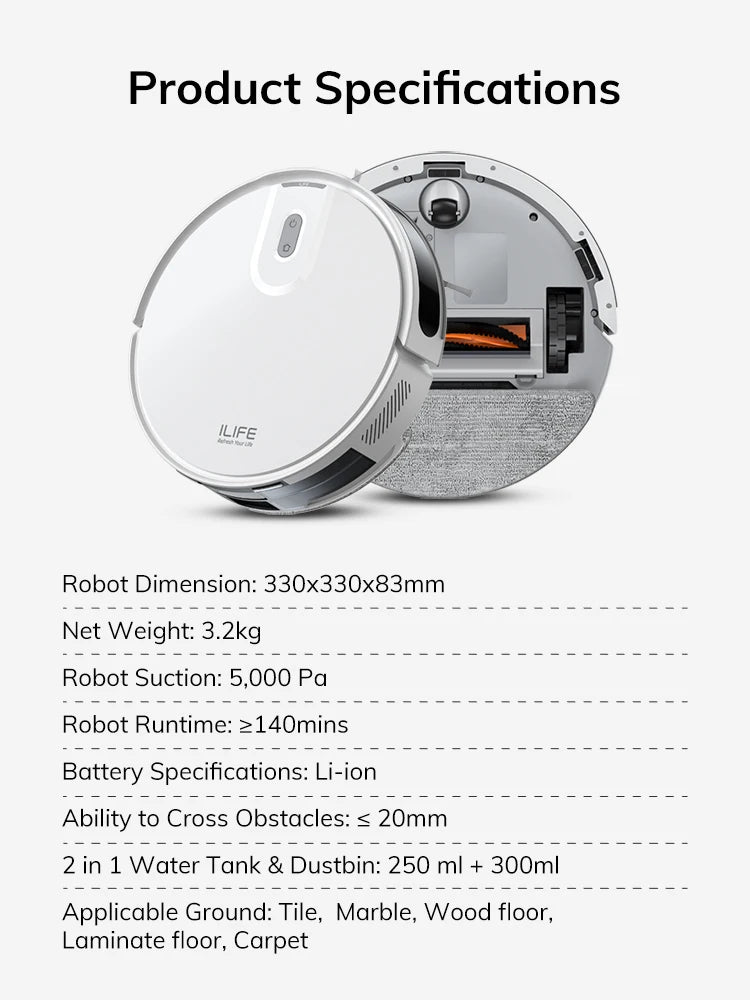 Robot Aspirapolvere ILIFE V20, Aspirazione 5000Pa, Navigazione Intelligente SOF LiDAR, Controllo APP, Pulizia Personalizzabile, Ricarica Automatica