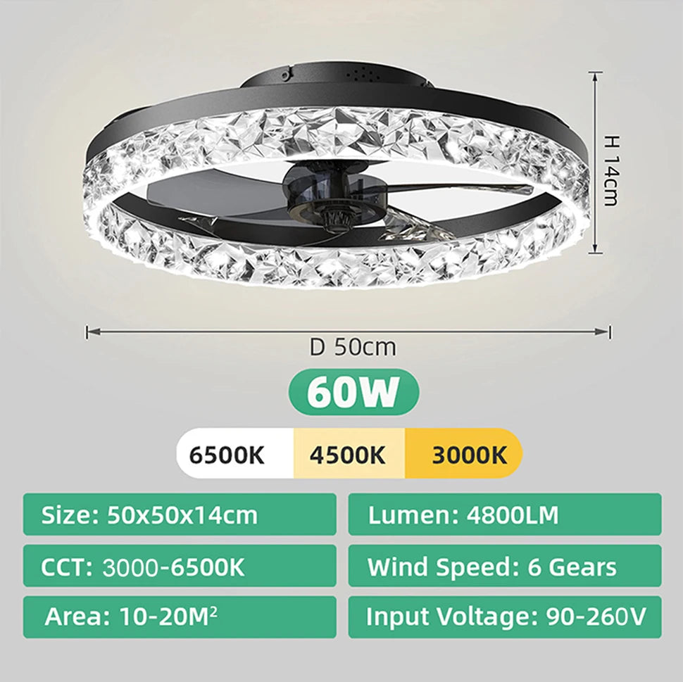 Ventilatore da Soffitto Intelligente con Lampada, Controllo Remoto e App, 6 Livelli di Vento, Dimmerabile, Nero Bianco 50CM, Ventilatore per Raffreddamento Domestico