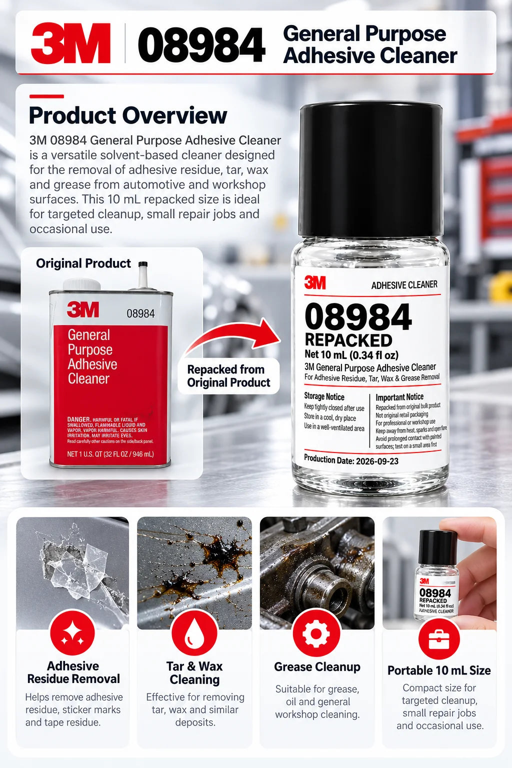 3M 08984 Detergente Rimuovi Adesivi 10mL Ricompresso, Rimuovi Residui di Colla, Adesivi, Catrame, Cera e Grasso per Officina di Detailing Auto