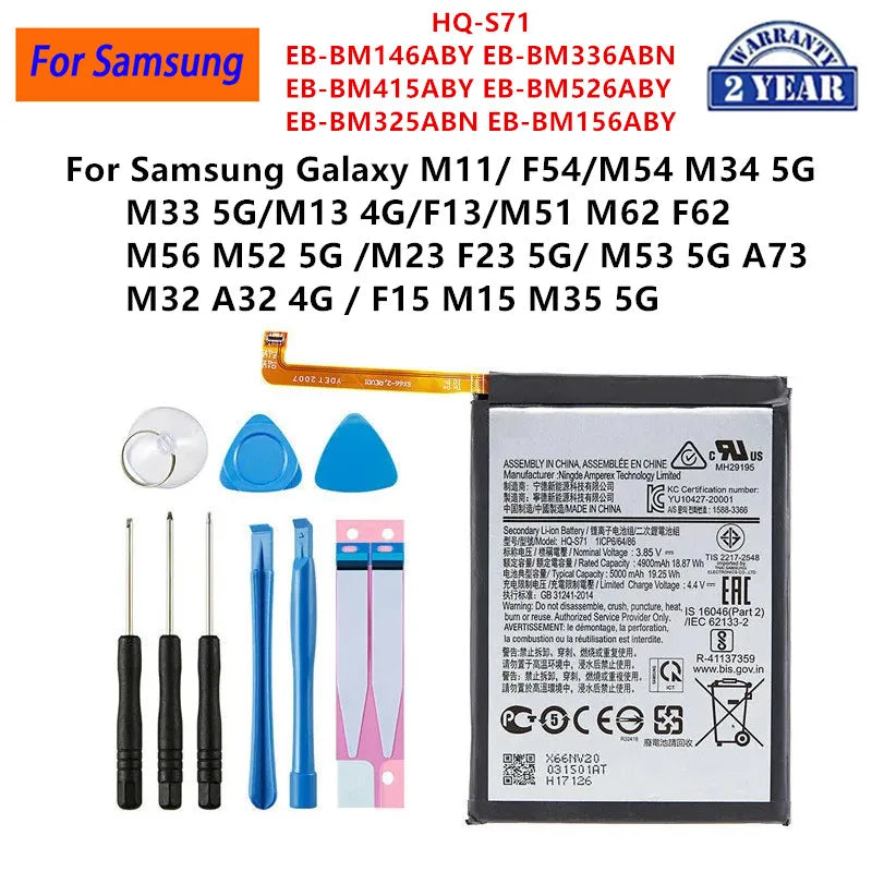 Batteria HQ-S71 EB-BM146ABY EB-BM526ABY per Samsung Galaxy M11 M54 F54 M33 M13 Galaxy M51 M56 M52 M32 M15 M35 F15 5G