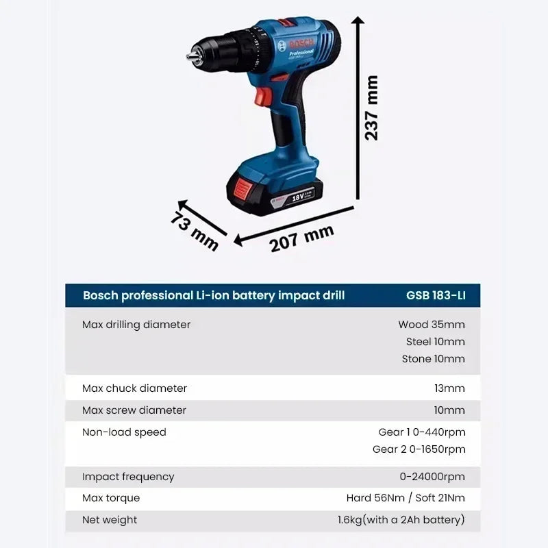 Trapano avvitatore a impulsi senza fili Bosch GSB183-LI 18V, avvitatore elettrico ad alta coppia per legno, metallo, muratura, utensile elettrico per il fai da te