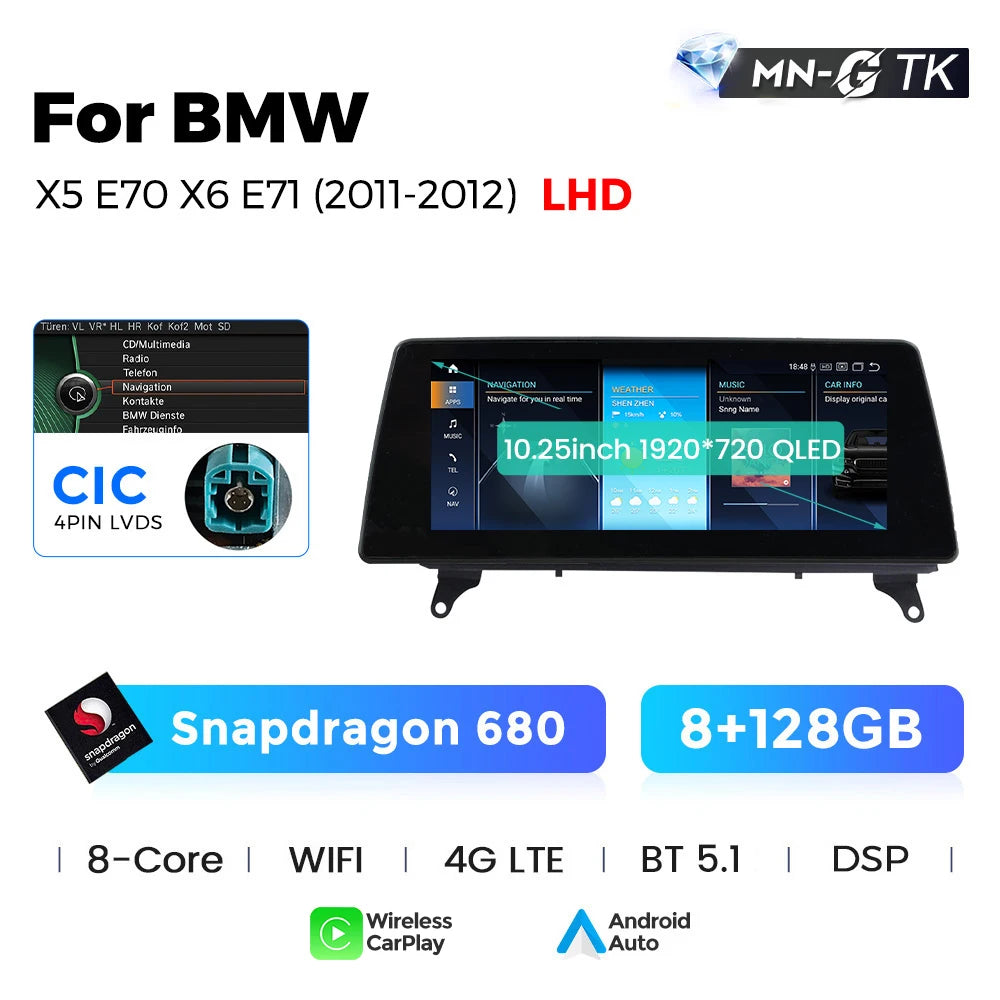 Sistema Multimediale Intelligente MEKEDE con CarPlay Wireless e Android Auto per BMW X5 E70 X6 E71, Schermo QLED da 10.25/12.3 Pollici, Android 14, CPU Snapdragon, Radio e Navigazione GPS per Auto