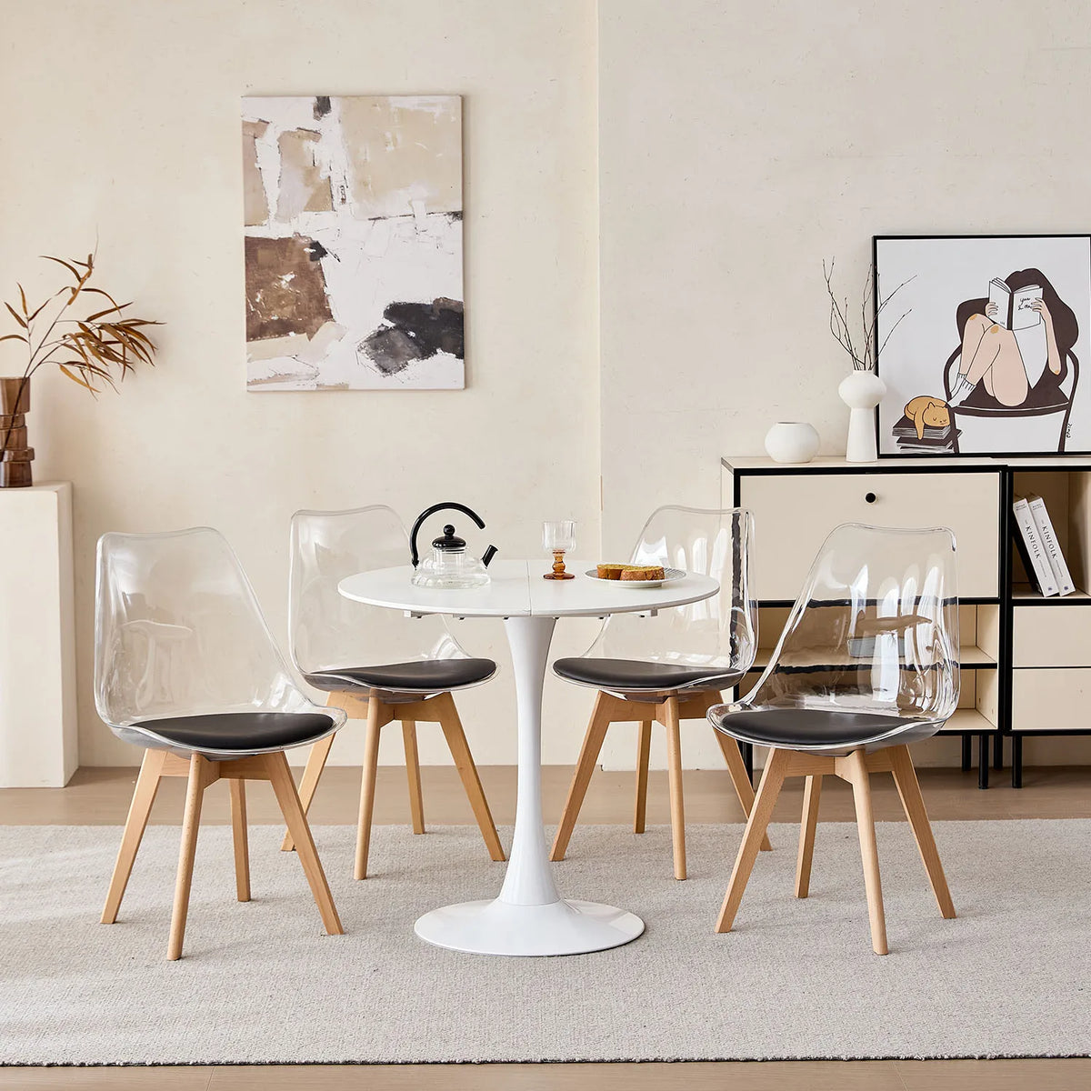 Set di 4 sedie da pranzo trasparenti gambe in legno sedia moderna e confortevole in PU per cucina camera da letto soggiorno mobili da cucina per la casa