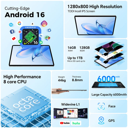Custodia per Teclast P30T, tablet Android 16, 10,1", 16 GB (3 GB + 13 GB) di RAM, 128 GB di ROM, processore a 8 core, tastiera, custodia, mouse, penna, cuffie, supporto.