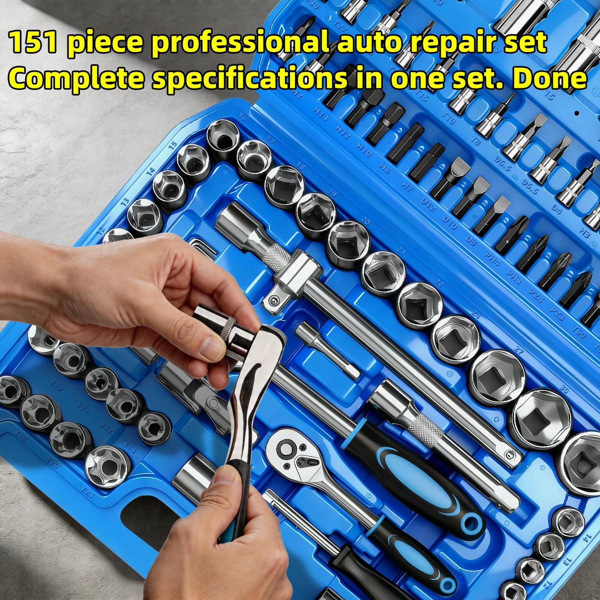 Set di Chiavi a Bussola da 53/82/108/151 Pezzi con Attacco da 1/4", 3/8", 1/2" e Kit di Punte a Cricchetto per Riparazione Auto e Moto, Utensili Manuali da Meccanico con Valigetta