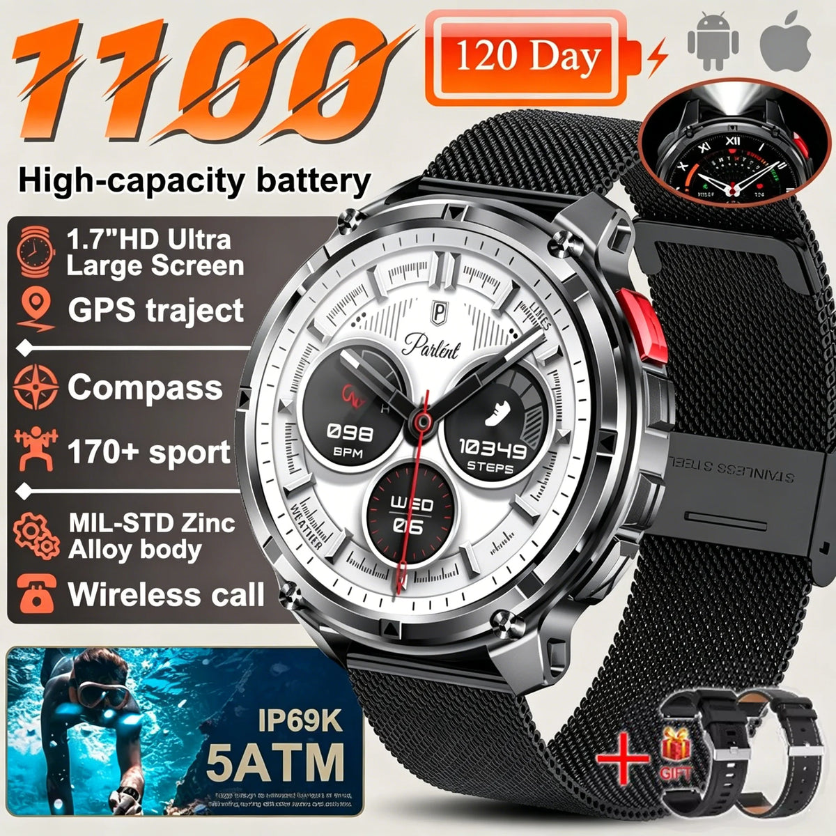 Nuovo Smartwatch T-REX3 Ultra con Batteria da 1100mAh, Impermeabile 10ATM, GPS, Bussola, Torcia, Display AMOLED HD da 1.7'', Chiamate, Orologio Sportivo Intelligente per Uomo