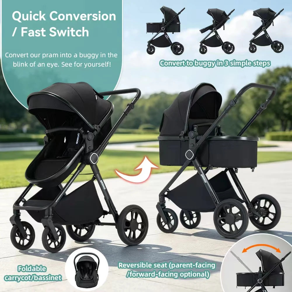 Passeggino per Neonati 3-in-1 di Lusso, Carrozzina da Viaggio Portatile con Telaio in Alluminio, Passeggino Pieghevole con Vista Panoramica