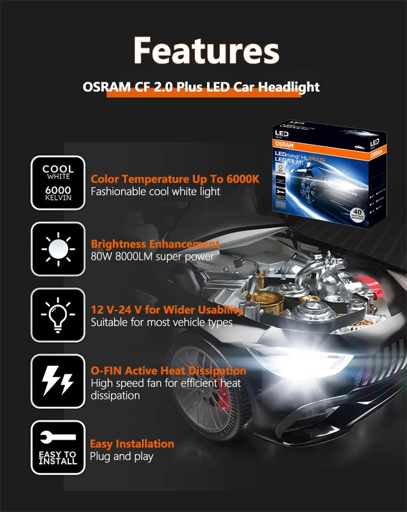 Lampade LED OSRAM H4 H7 H11 HIR2 HB3 LEDriving CF 2.0 Plus per Fari Auto, 80W 8000LM, Luminose H1 H8 H16 9005 9006 HB4, Luce Bianca 6000K