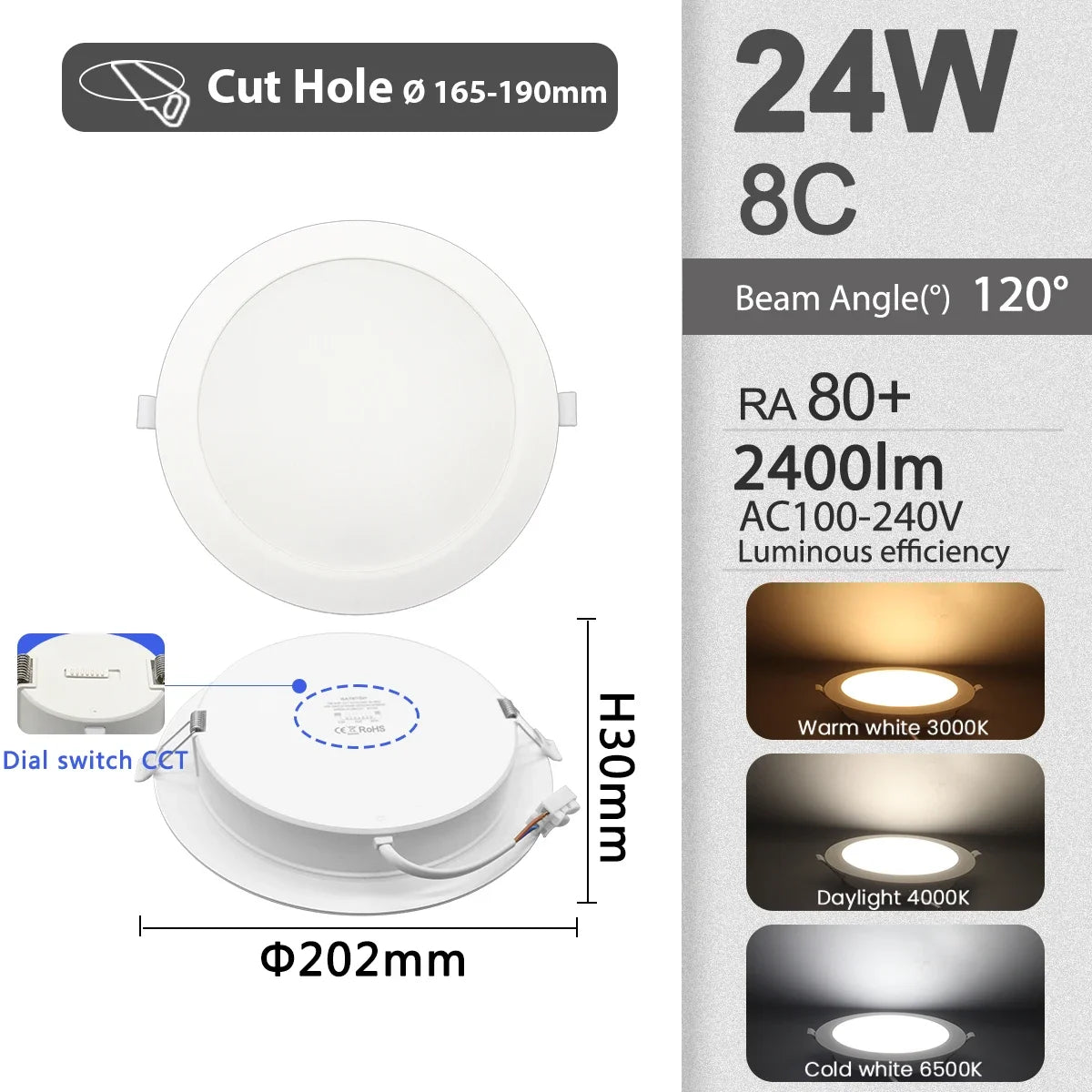 6 pezzi Spot LED da incasso a soffitto 3 CCT 3000K 4000K 6500K AC 220V 110V Bianco caldo freddo Lampada da incasso rotonda Faretto a LED Illuminazione