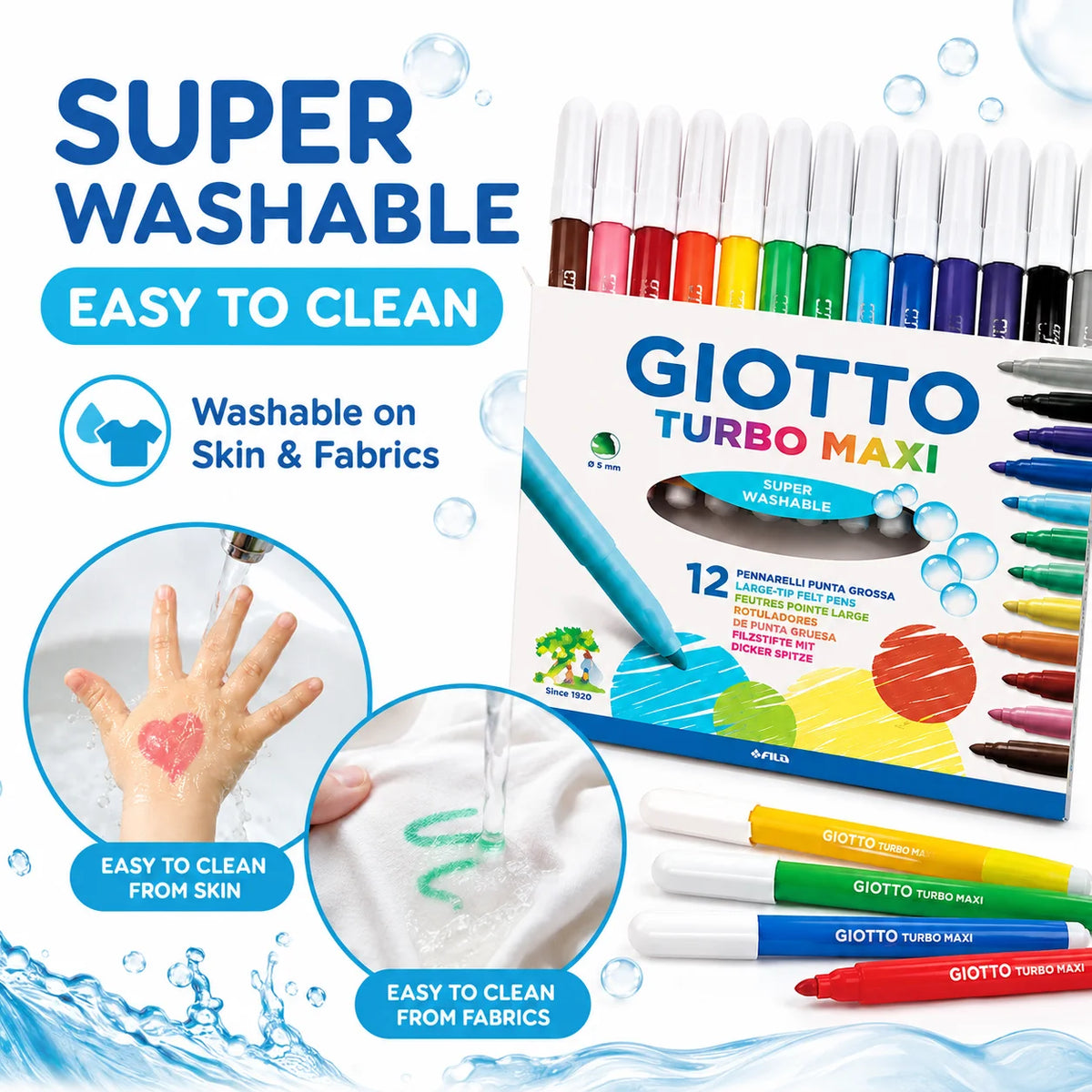 Pennarelli Lavabili GIOTTO Turbo Maxi 12 Colori Punta Larga 5mm per Disegno e Colorazione Bambini Scuola Arte