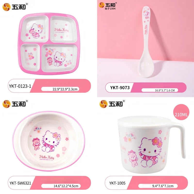 Set di stoviglie in melamina Hello Kitty per bambini - Ciotole, piatti, cucchiai e tazze anti-scottatura con simpatico design a cartoni animati
