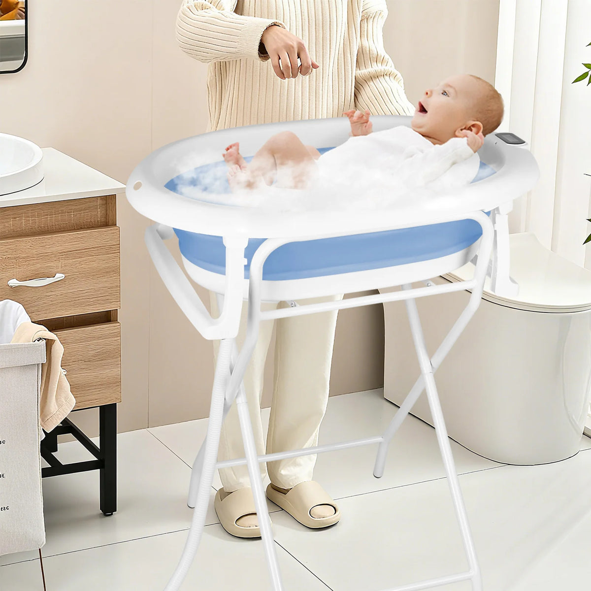 Vasca da bagno pieghevole per neonati con supporto – Vasca da bagno XXL per neonati con supporto, termometro 2.0, sedile da bagno e sistema di drenaggio – Perfetta per la doccia – Dalla nascita ai 3 anni – Ideale come