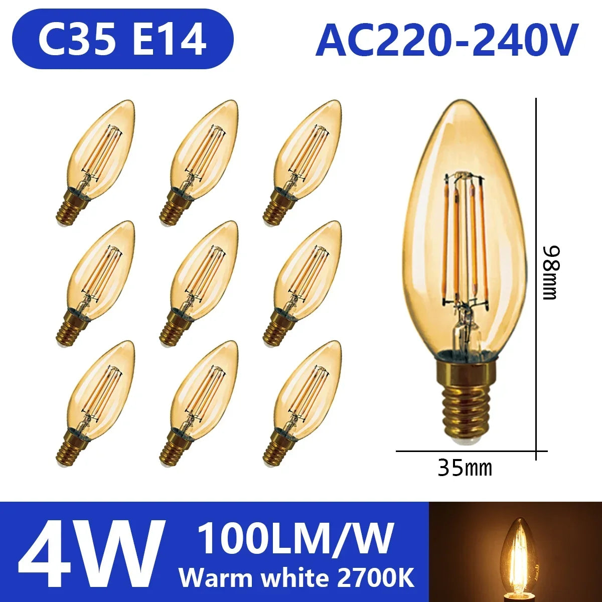 Confezione da 10 lampadine a filamento LED per E27 B22 220V 240V 4W 6W 9W Lampadine a LED bianche calde Lampada in vetro vintage