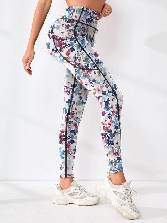 Pantaloni fitness da donna con tasca a vita alta stampati abbinati a pantaloni da yoga addominali attillati, adatti per correre, escursioni e sp