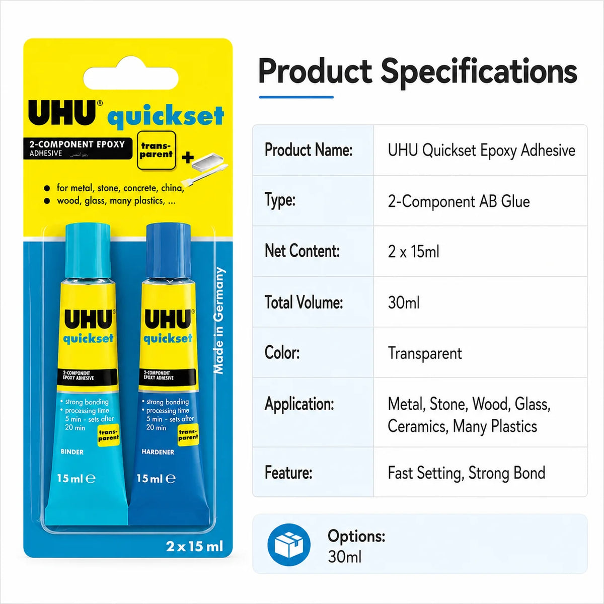 Adesivo Epossidico UHU Quickset 30ml Trasparente Colla Bicomponente AB ad Asciugatura Rapida per Riparazioni di Metallo, Ceramica, Vetro e Plastica