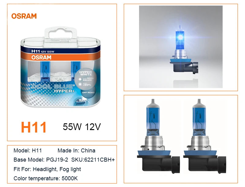 OSRAM H7 H4 H1 H11 HB3 9005 HB4 9006 Lampadina Alogena per Fari Auto, Luce Abbagliante/Anabbagliante 5300K 12V 55W, Bianco Hyper Cool Blue (2 Pezzi)