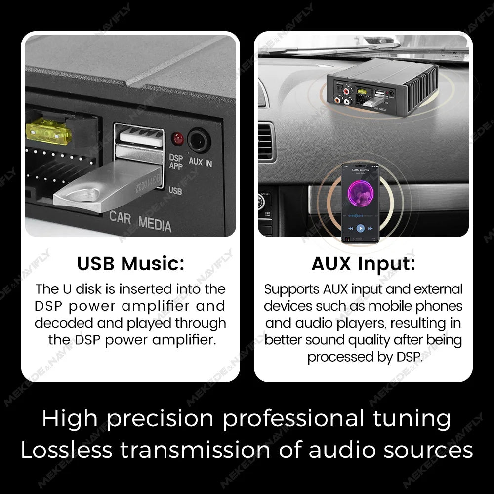 Amplificatore DSP per auto MEKEDE 4*80 W, compatibile con autoradio Android, regolazione EQ tramite app, plug-and-play, supporto fibra ottica/coassiale/AUX/RCA/USB