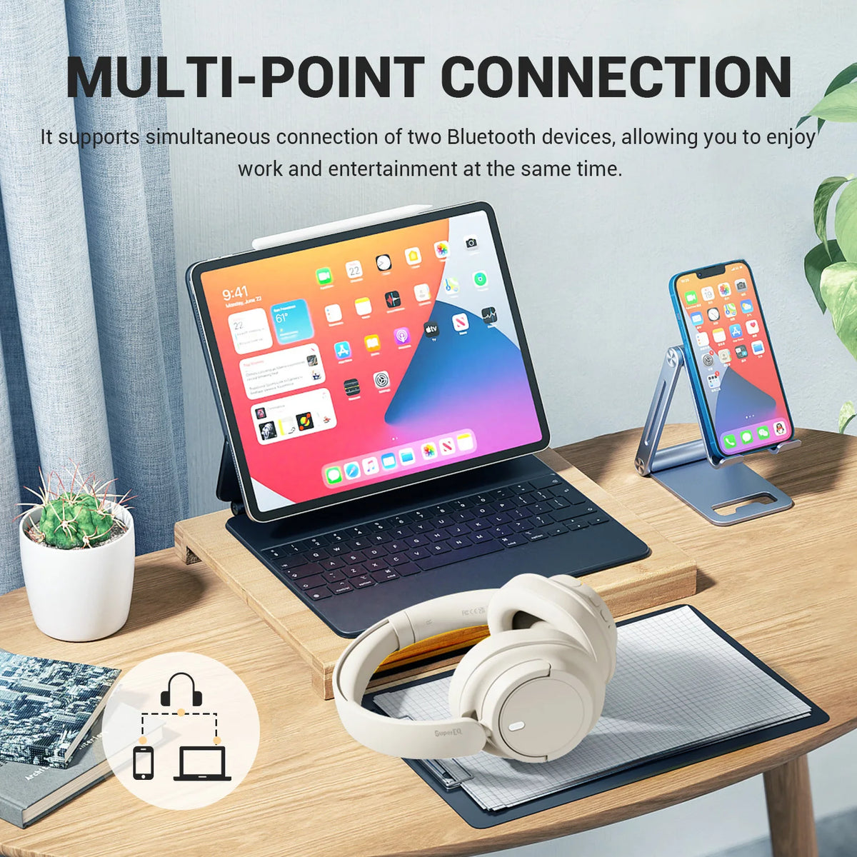 Oneodio EKSA V16 Cuffie wireless Bluetooth 5.3 Cuffie over-ear con microfono Modalità bass/pop Cuffie Hi-res HiFi cablate APP 90 ore