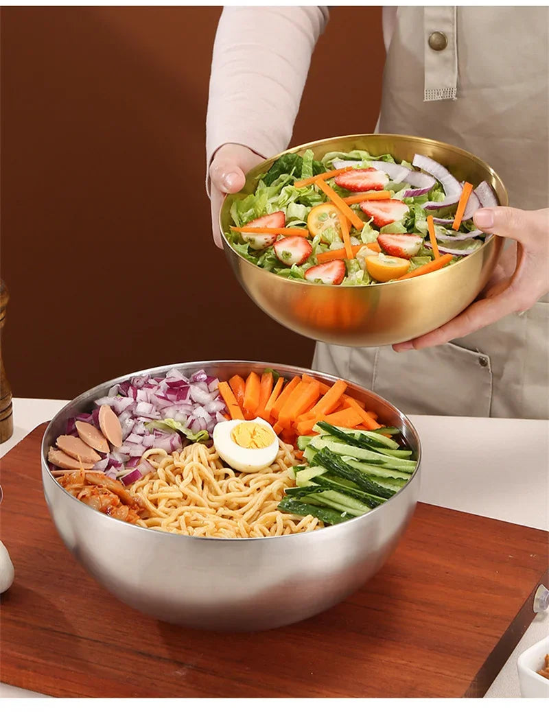 Ciotole per insalata di frutta in acciaio inossidabile spesso 15 cm/20 cm/25 cm Zuppa di riso Noodle Ramen Ciotola Ciotole per miscelazione Contenitore per alimenti Stoviglie da cucina
